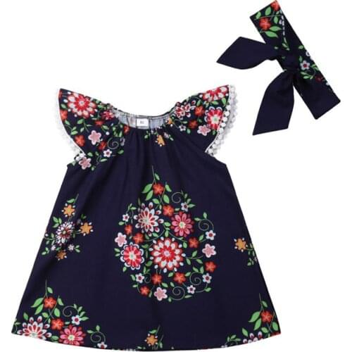 2-6T Girls Clothes Set Ruffle Sleeve Dresses For Girls Blue Flower Print Girls Dress Headband Baby Hair Accessories Girls Set
