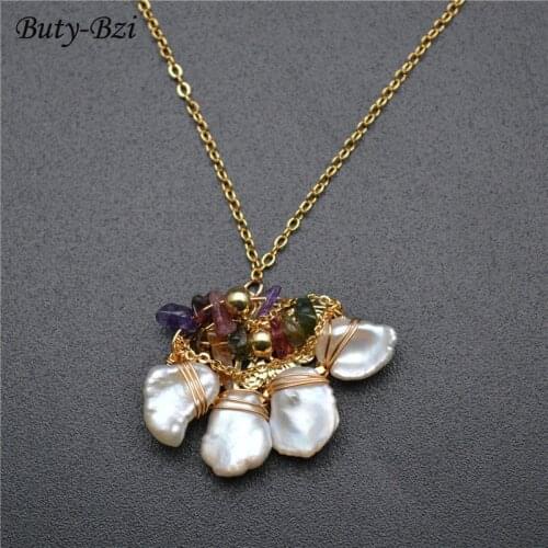 Handmade Golden Winding Teeth Shape Natural White Pearl Mix Stone Beads Pendant Thin Chain Necklace Fashion Jewelry Best Gift