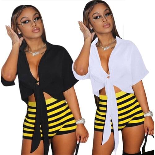 S-3xl Two Piece Set Women Plus Size Summer Clothes Wholesale T Shirt Bandage Solid Top Striped Shorts Sets Casual Dropshipping