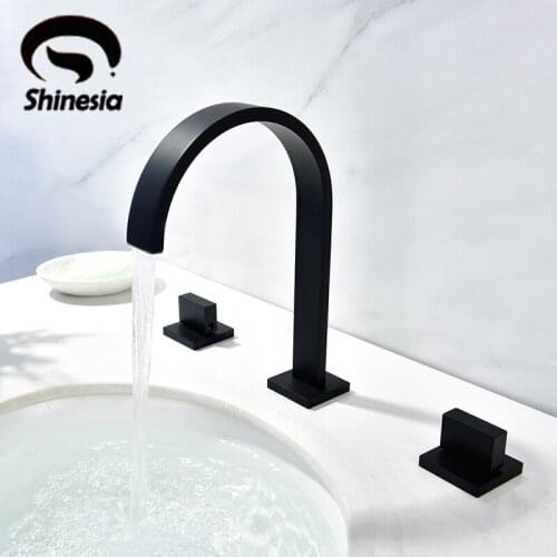 Shinesia Matte Black Bathroom Basin Faucet Hot and Cold Water Mixer Tap Widespread Nordic Style Deck Mounted Crane
