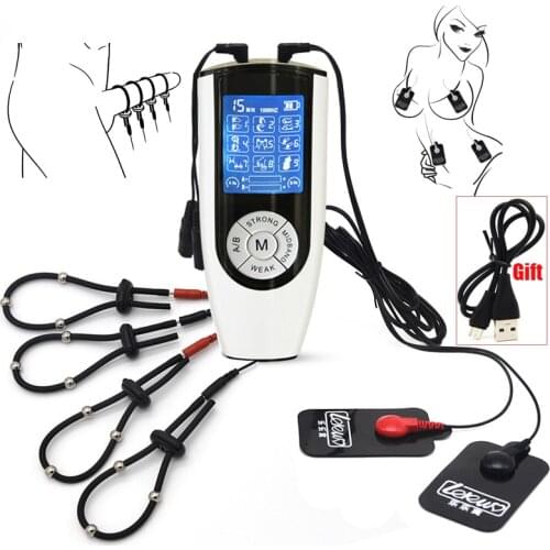 SM Male Electro Shock Penis Ring Strong Electric Stimulation Body Nipple Massage Pads Cock Enlargement Ring Medical Sex Toy Kit