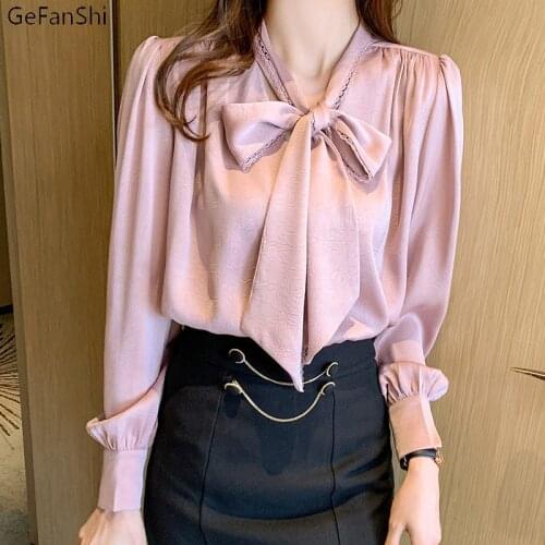 2021 New Summer Autumn Solid V-Neck Bow Blouse Shirt Women Long Sleeve Loose Korean Elegant Fashion BlousesTops Casual Blusas