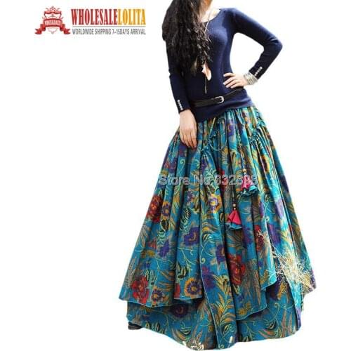 New Fashion Top Sale Long Flowing Thick Cotton Multicolor Print Skirts Bohemia Style Ethnic Print Linen Skirt