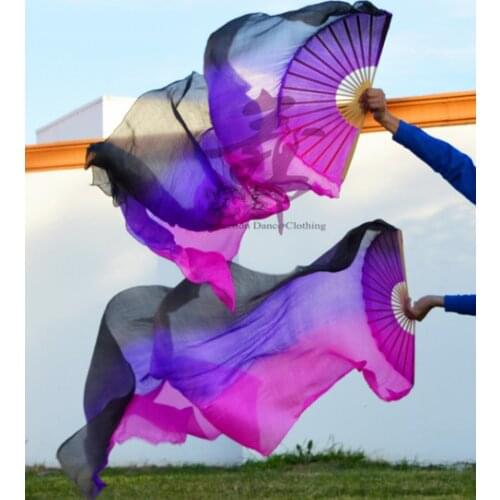 High selling 100% Real Silk Veils 1 Pair handmade women Quality Silk Belly Dance Fan Dance black purple rose 180*90 cm