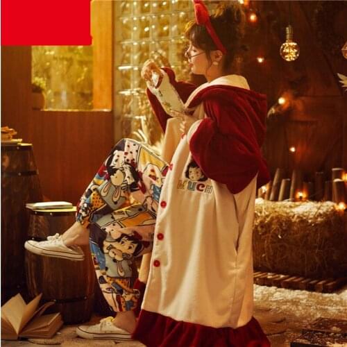 Pajamas womens autumn and winter models coral fleece thickened and padded long pajamas set winter robe home wear sleepwear set