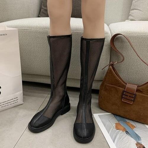 Rimocy New New Summer Mesh Hollow Out Sexy Long Boots Women Vogue Low Heels Zipper Casual Shoes Woman Breathable Cool Boots