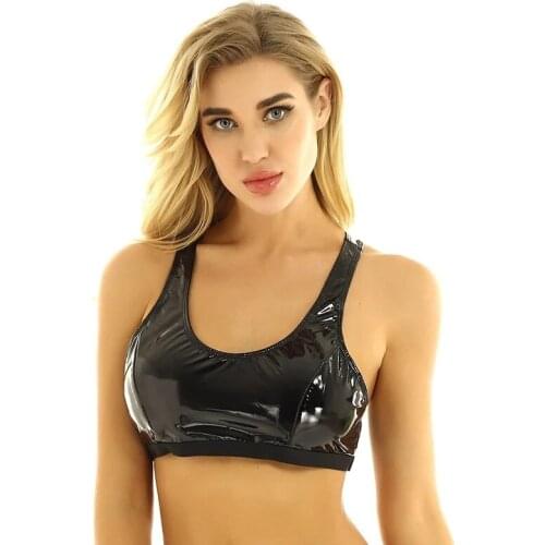 Women Sexy Wetlook Glossy Leather Deep U Bra For Sex Bodycon Shiny Latex Bralette Top Vest Erotic Hot Porn Half Cup Tops