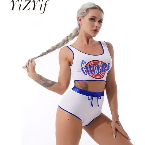 Womens Lingerie Cheerleader Role Play Uniform Costume Nightwear Letter Print Cropped Tank Top with Drawstring Briefs Hot Pants