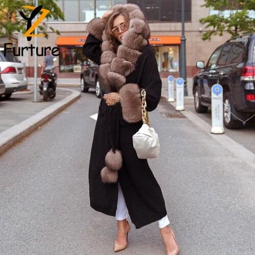 Women Woolen Cloth Coat 120CM Long With Real Fox Fur Collar Hooded Cashmere Overcoat Winter Black Genuine Fur Cuffs Outerwear
