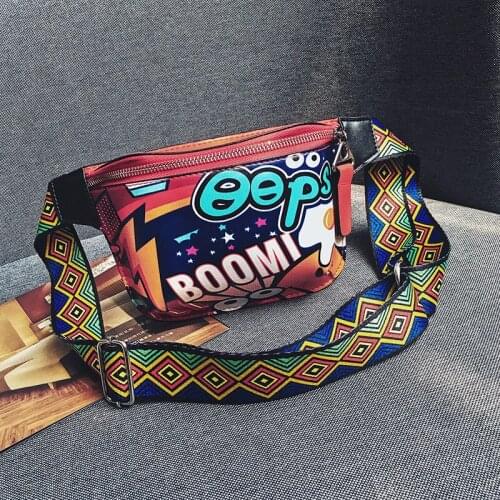 10Pcs/Lot mini personality graffiti print wide shoulder strap diagonal waist bag cartoon chest bag womens shoulder bag