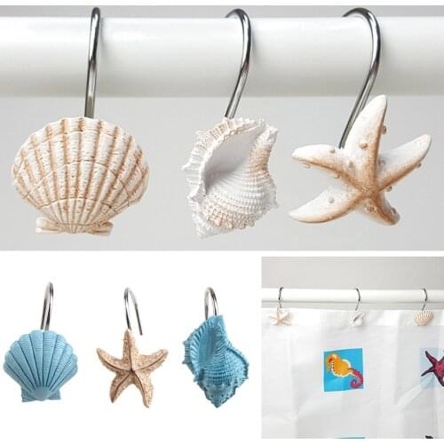12pcs Resin Decorative Seashell Starfish Shower Curtain Hooks Hanger Rails Home Hotel Bathroom Beach Shell Decor Hook Organizer