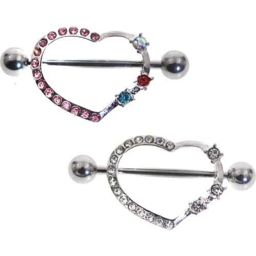 2Pcs Heart Body Jewelry Nipple Shield Ring Body Jewelry Helix Piercing Bar Nipple Ring Heart Gem Dangle Chain Nipple Shield Ring