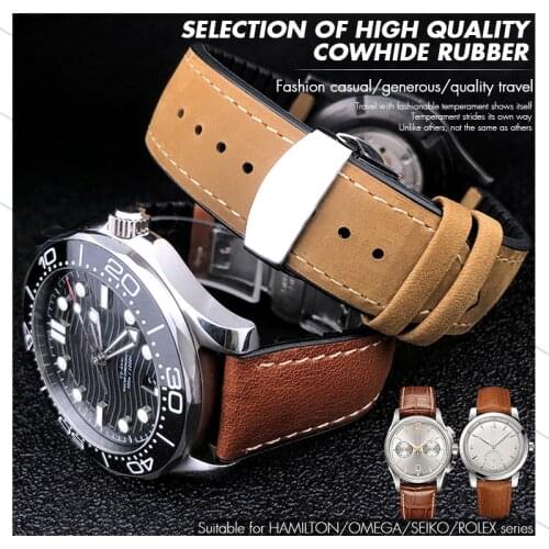20mm 21mm 22mm Cowhide Rubber Watch Strap Black Blue Brown Watch Band for Omega Seamaster Hamilton Seiko- Skx IWC Longines