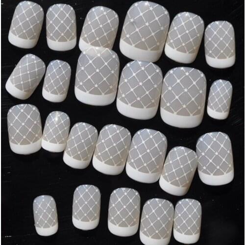 White French Acrylic Nails Beige Stars Net Decoration False Nails 24pcs kit with Double Side Glue Sticker Short Z316
