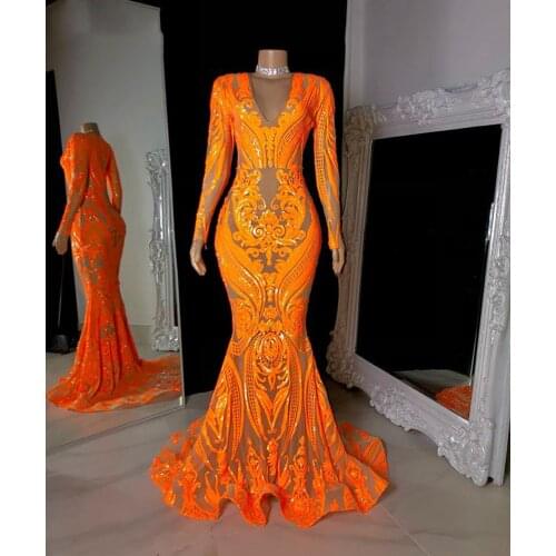 Sparkly Long Prom Dresses 2021 V-neck Long Sleeve Orange applique Sequined African Black Girls Mermaid evening Dress