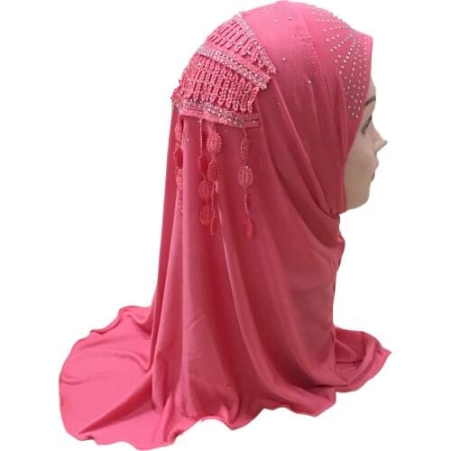 Glitter Muslim Practical Kids Hijab With Beauty Lace Decals Islamic Girls Stretch Amira Cap Ready To Wear Scarf For Ages 2-7