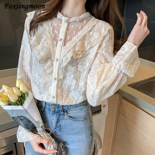 Lace Women Blouses Korean Fashion Elegant Blouses Spring Autumn New Apricot Shirt Blouse Round Neck Long Sleeve Womans Shirt
