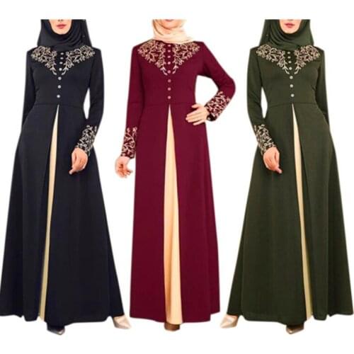 Muslim National Style European And American Long Skirt Middle East Gilded Splicing Long Dress Contrast Color Slim Temperament