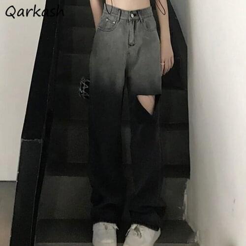 High Waisted Jeans Women Fall Mujer Daily Vintage Full Length BF Boyfriend Style Wide-leg Trousers Teens Hole Design All-match