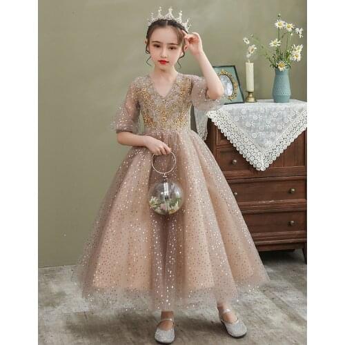 Elegant Flower Girl Dresses Sequin Beading Lace V-neck Long Cascading Kids Pageant Gowns for Weddings First Communion Dresses
