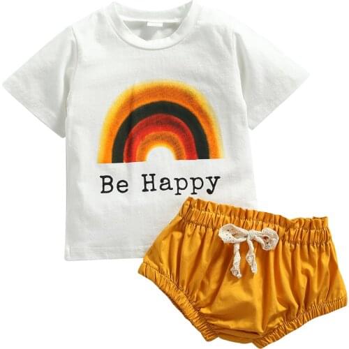 0-24M Infant Girl’s T-shirt Shorts Set Fashion Rainbow Letter Short Sleeve Tops and Solid Color Short Pant