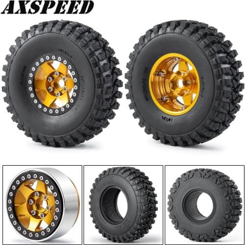 AXSPEED 4PCS 1.9inch Beadlock Wheel Hub Rim and 106/112mm Rubber Tyres Kit for 1:10 RC Crawler Axial SCX10 Wheel Tires