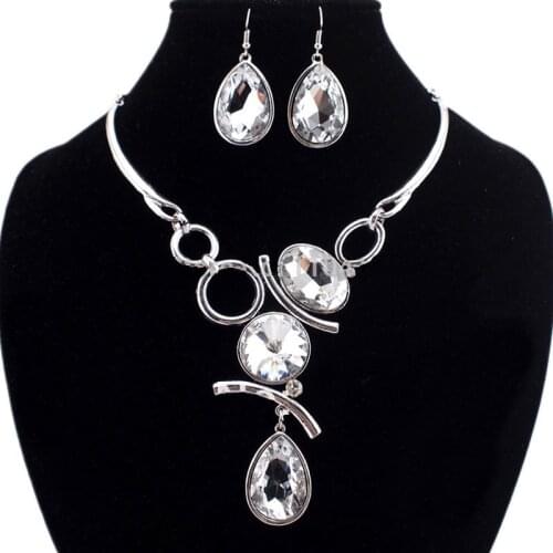 Vintage Jewelry Sets Big Crystal Pendant Necklace Earring Set For Women Fashion Elegant GLass Party Jewellery UKMOC