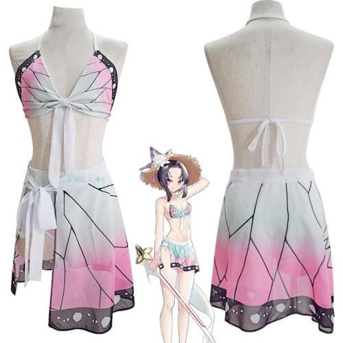 Kochou Shinobu Swimwear Anime Demon Slayer Swimming Suit Summer Kimetsu No Yaiba Bikini Bathing Swimsuit Cosplay Costume Girls