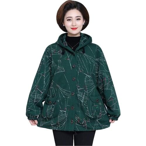 Oversize XL-8XL Hooded Jacket Middle aged Female print Casual Top Long sleeve Coat Women Plus size Outerwear Single-breasted 817
