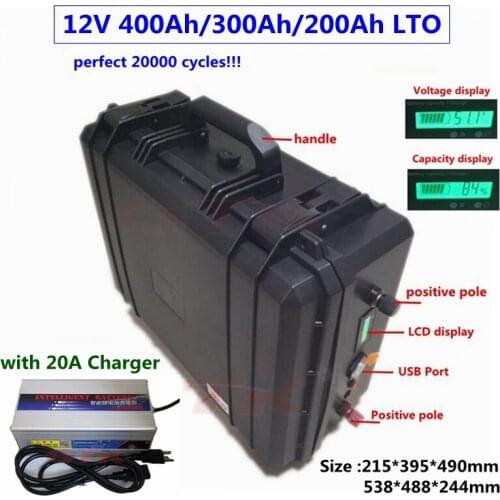20000 cycles LTO 12v 400Ah 300Ah 200Ah Lithium titanate battery 12V with BMS for Boat RV solar system refrigerator+20A Charger