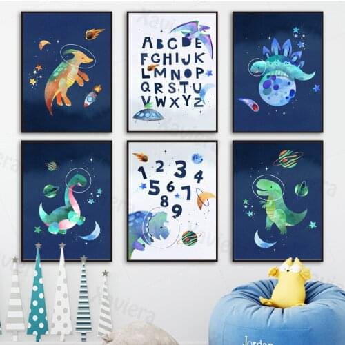 Cartoon Space Planet Dinosaur Canvas Painting Alphabet Number Table Wall Art Poster Modern Home Decoration Childrens Room Mural