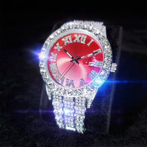 MISSFOX Red Big Dial Wristwatch Man Roman Mans Platinum Watch Big Diamnd Blingbling Party Stainless Steel Quartz Watch For Male