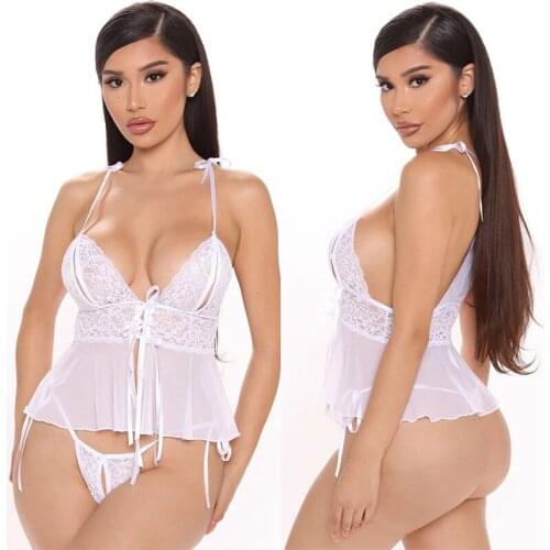 Sexy Lingerie Porno Babydoll Sleepwear & Thong Set Underwear Hot Sexy Erotic Lace Dress Women Sex Costume Front Buckle Nightwear