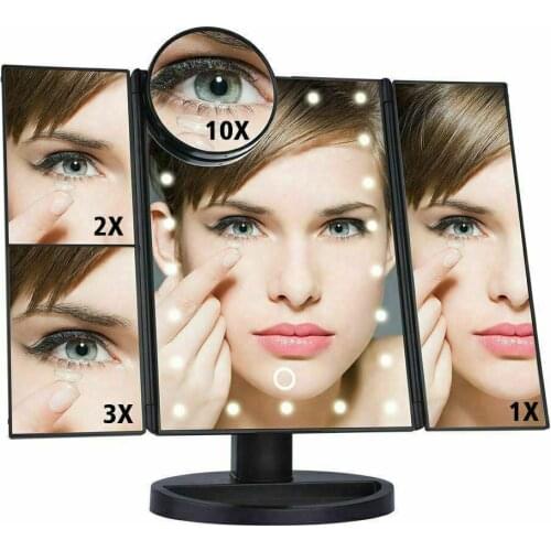 Tri-fold Makeup Mirror Light Up Dressing Table 24 LED Lights Illuminated Dimmable Magnifying Vanity Mirrors Foldable
