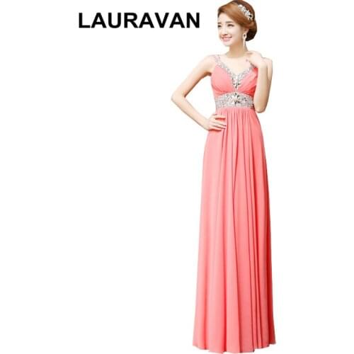 Beaded party gowns vestidos de festa watermelon coral red chiffon v neck a line evening dresses long dress long gown