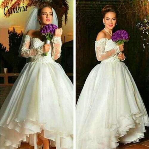 Vintage Hi-Lo Wedding Dresses Off Shoulder Ruffle Skirt Lace Beaded Illusion Sleeves Sexy Back Bridal Gowns