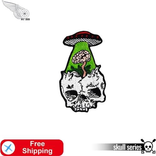Skull Airship Funny Custom Brain Flower Embroidery Patch Iron on Appliques Biker Patches for Clothing T-shirt Bag Cap DIY Badges