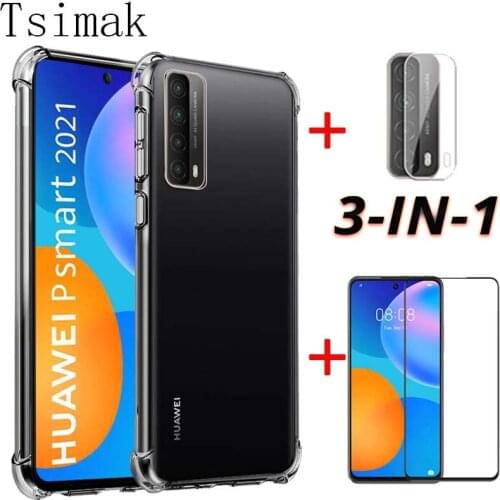 3-in-1/Silicone Case For Huawei P Smart 2021 Y5p Y6p Y7p Y8p Y7a 2020 Y9s 2019 P Smart Pro S Z Tempered Glass Screen Protector