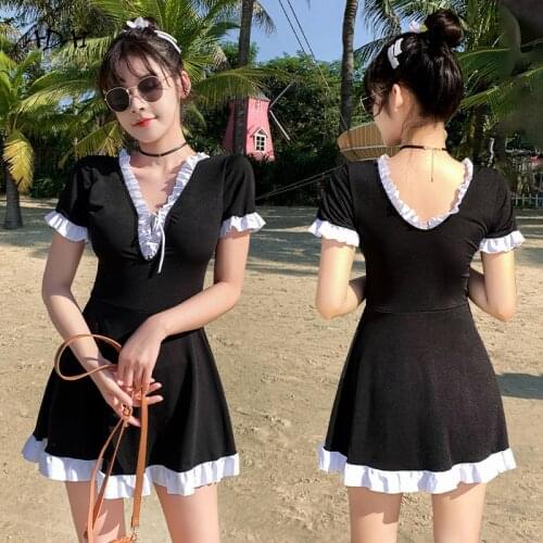 Womens Swimwear 2021 Korean One-Piece Swimsuit With Skirt Sleeves Ruffles Bathing Suits Solid Black Drawstring Bikini Beachwear