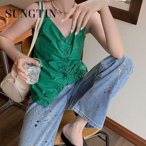 Sungtin White Sexy Ruffles Folds Camis for Women Design Solid Sweet Summer Thin Tanks Tops Korean Chic Top Camis Club Party New