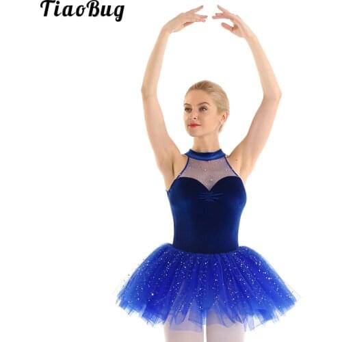 TiaoBug Women Adult Shiny Sequins Sleeveless Keyhole Back Velvet Bodice Ballet Dance Leotard Tutu Dress Performance Costume