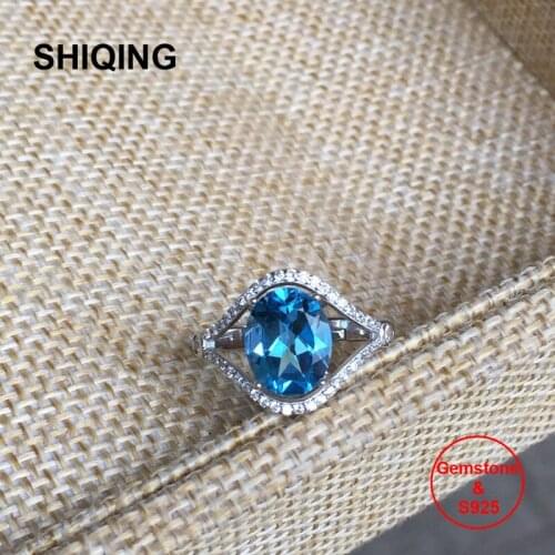 SHIQING Nature blue topaz big stone 925 sterling silver eyes woman rings