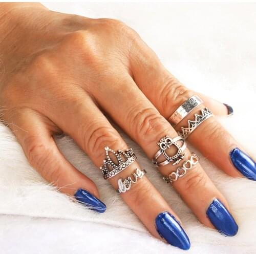 6 pcs/set Knuckle Ring Set Hollow Owl Heart Water Drop Crown Love Middle Finger Rings Ancient Silver Color Jewelry For Women