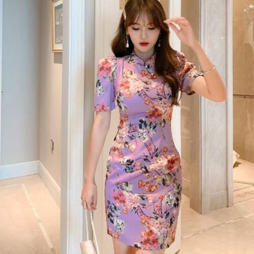 New arrival fashion summer women OL elegant chinese style stand neck floral print puff sleeve beach holiday party mini dress