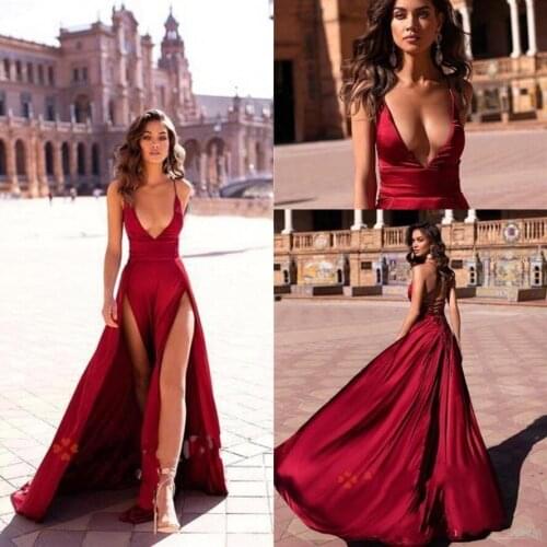 New Sexy Dark Red Split Evening Dresses 2020 A Line Swing Women Party Casual Dress Prom Gowns vestidos de noiva