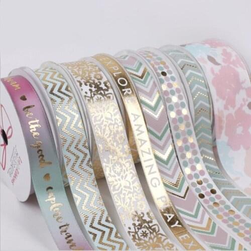 10yards/lot) Bronzing Printed Grosgrain Ribbon for Wedding Party Decorations Bow DIY Bouquet Gifts Packing Lace Ribbons