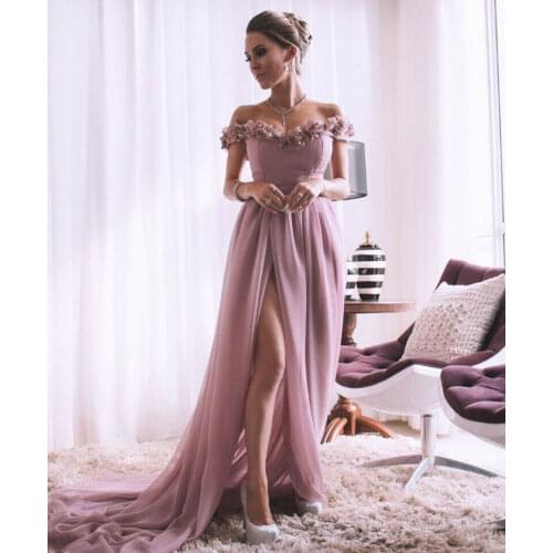 2020 Long Chiffon Off Shoulder Prom Dresses Sleeveless Floral Formal Evening Party Dress Ball Gowns Robe De Soiree