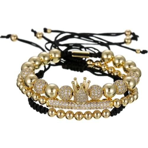 3Pcs/Set of Luxury Micropavé Copper Beads CZ Zirconia Gold Crown and Bar Charm Mens Bracelet Set Valentines Day Jewelry