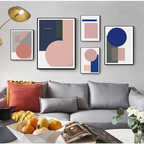Abstract Posters And Prints Geometric Lines Pink Blue Color Block Wall Art Canvas Painting Nordic Wall Pictures For Living Room
