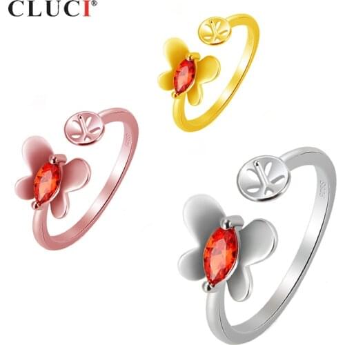 CLUCI 925 Sterling Silver Butterfly Ring with One Red Zircon for Women Ring for Wedding Engagement Party Jewelry Gift SR2106SB